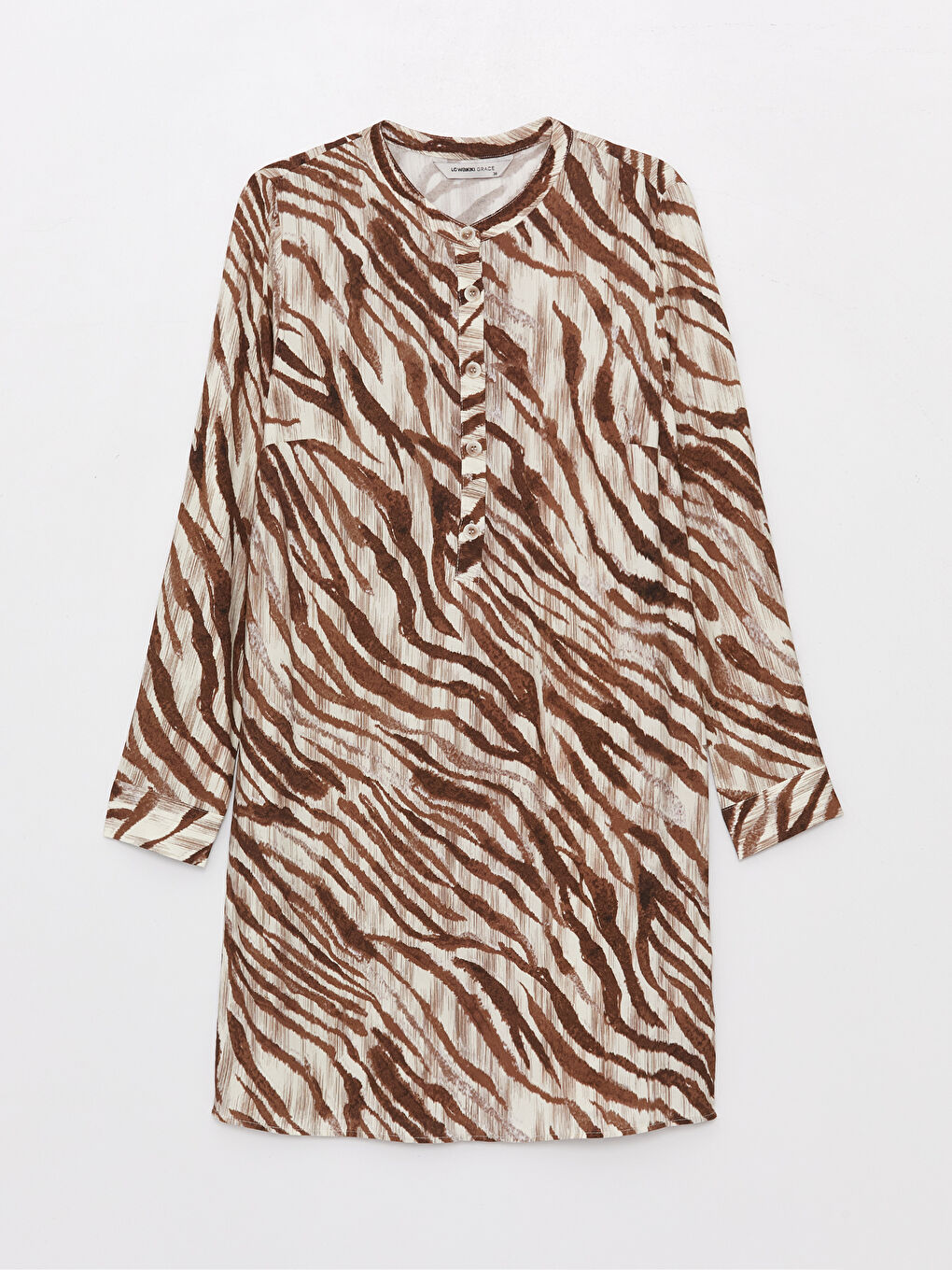 Kahverengi Hakim Yaka Desenli Uzun Kollu Kadın Tunik-5