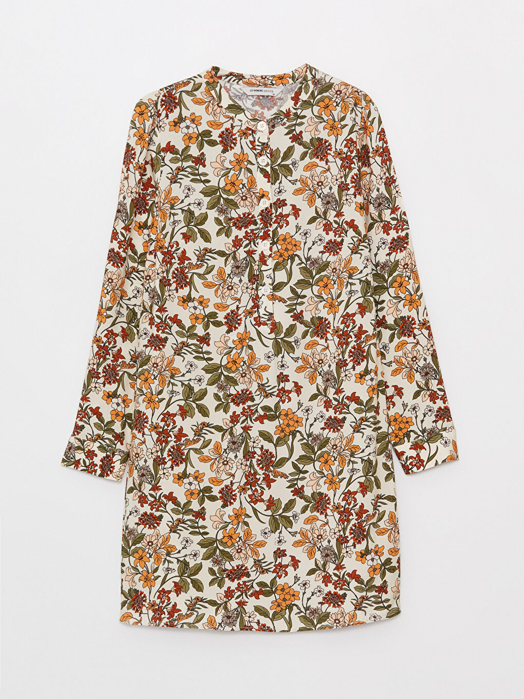 Ekru Hakim Yaka Çiçekli Uzun Kollu Kadın Tunik-5