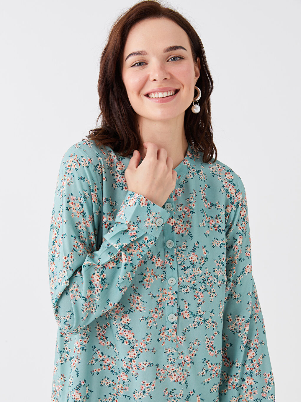 LCW Grace Grandad Collar Floral Long Sleeve Women's Tunic -S3I611Z8-LRL