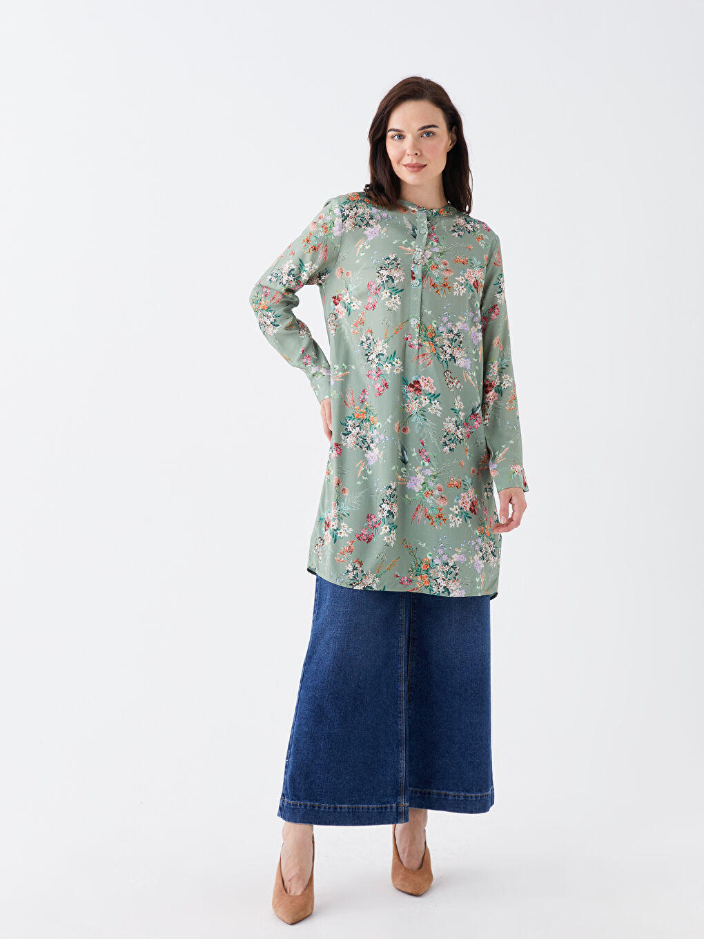 Grandad Collar Floral Long Sleeve Women's Tunic-1