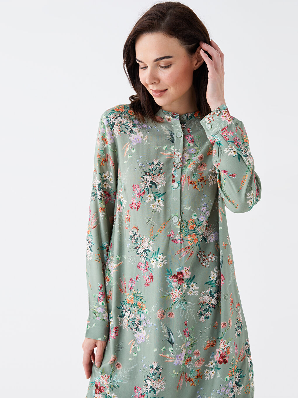 Grandad Collar Floral Long Sleeve Women's Tunic-2