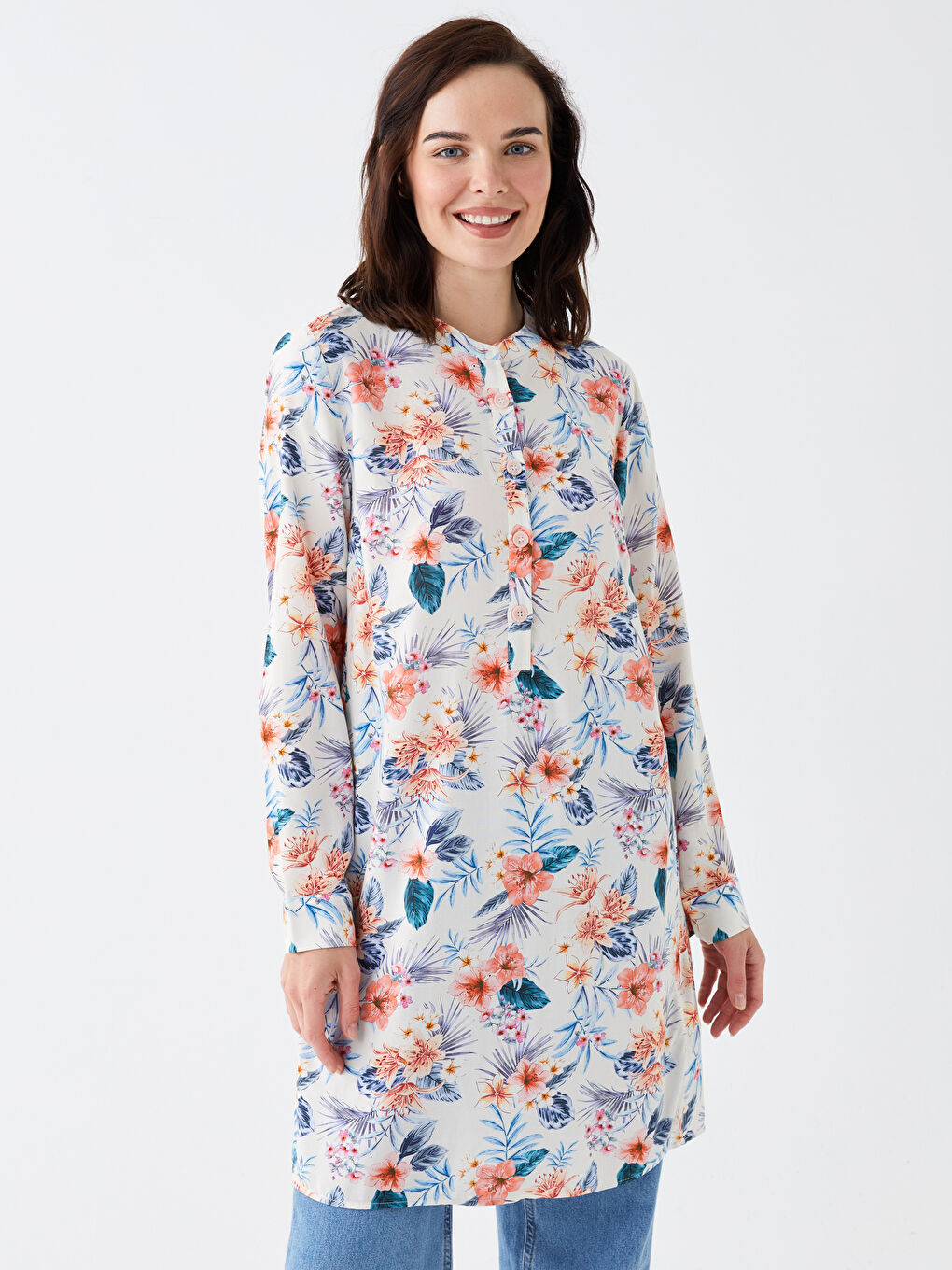 Grandad Collar Floral Long Sleeve Women's Tunic