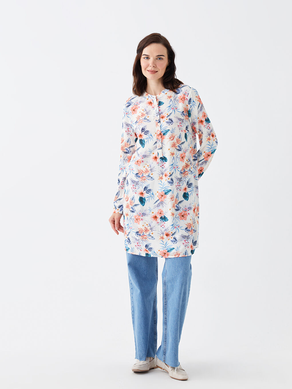 Grandad Collar Floral Long Sleeve Women's Tunic-1