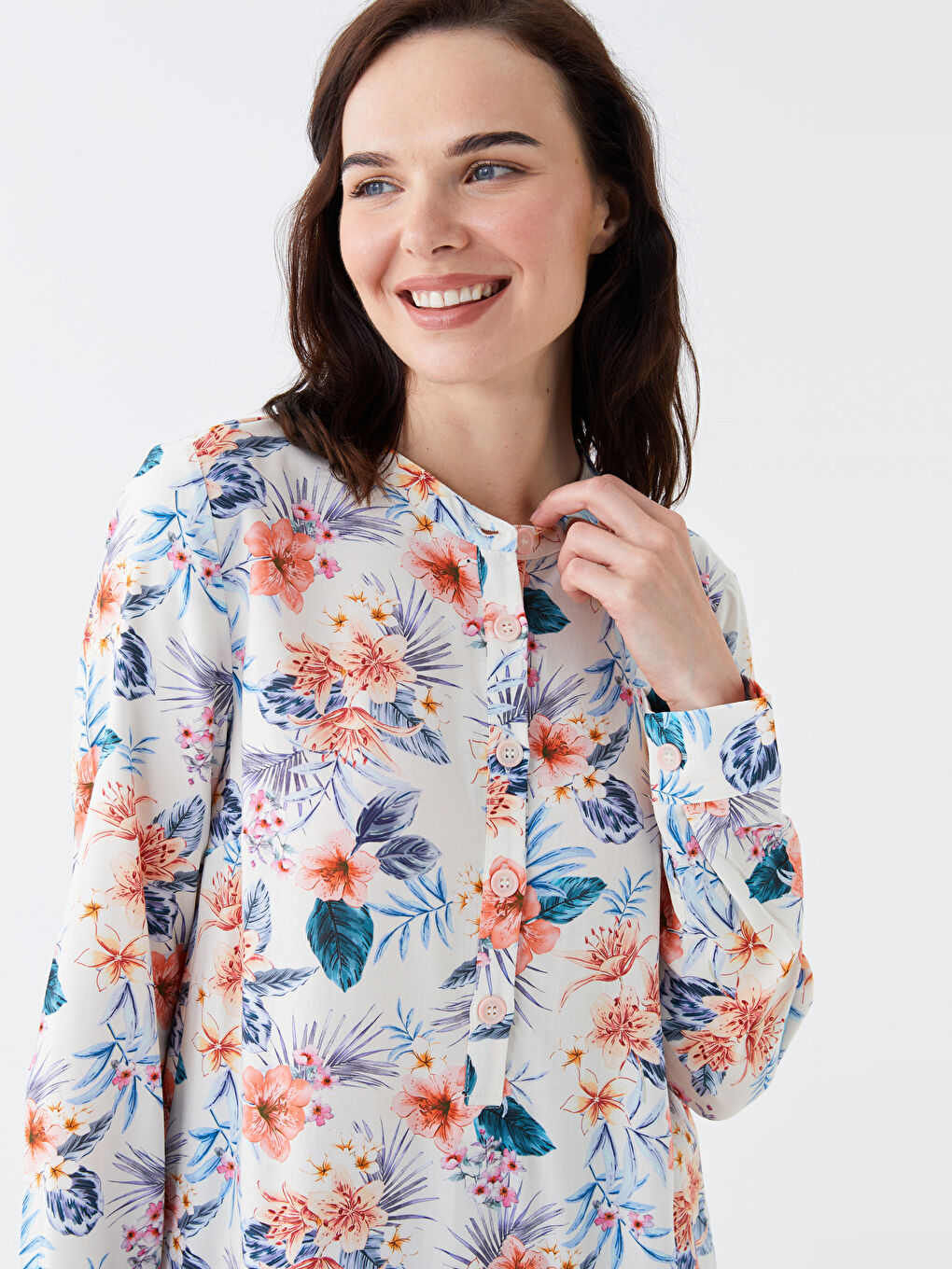 Grandad Collar Floral Long Sleeve Women's Tunic-2