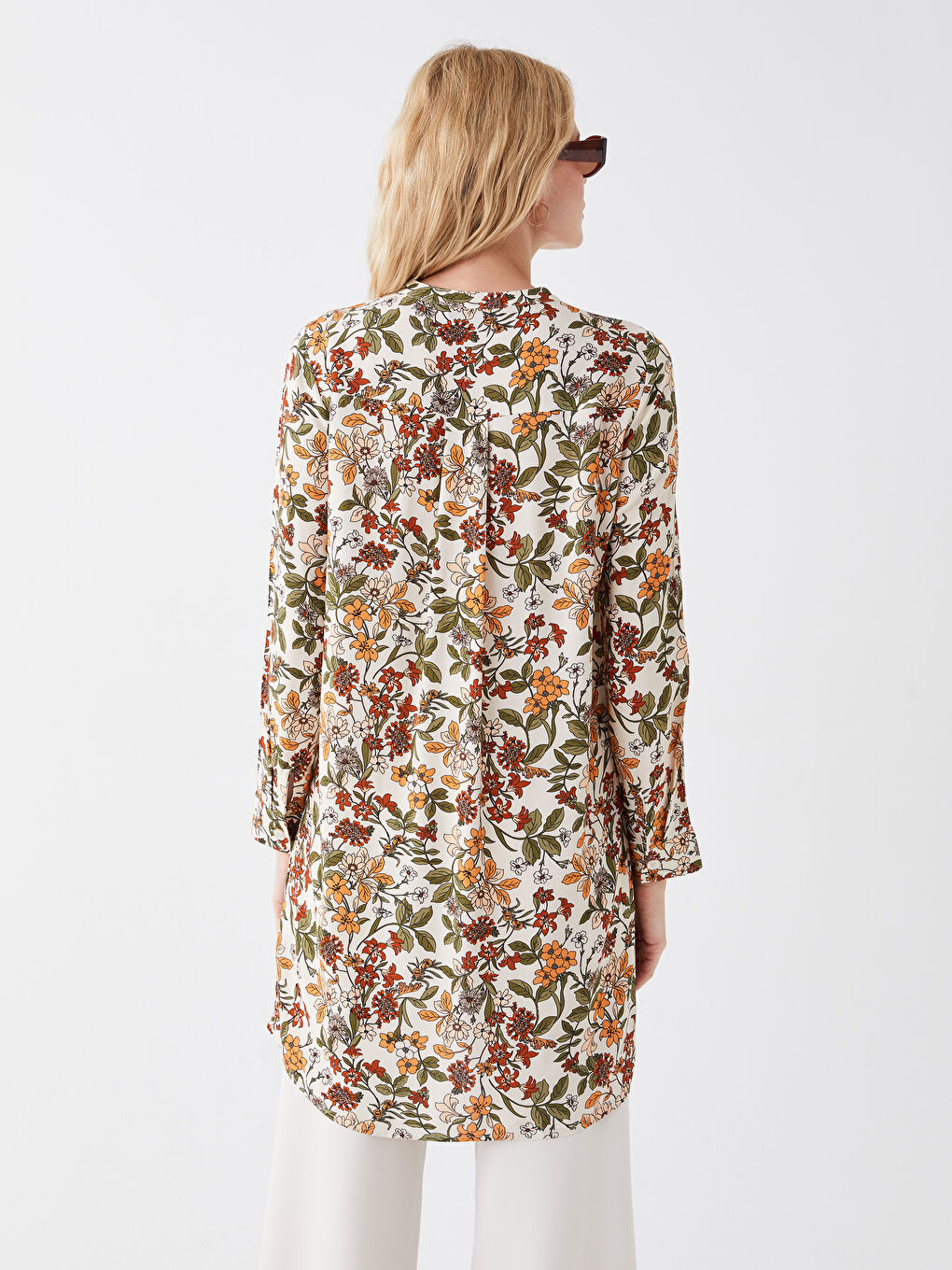 Ekru Hakim Yaka Çiçekli Uzun Kollu Kadın Tunik-4
