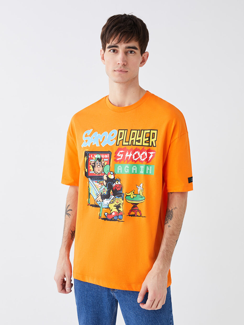 【SATIIIZ】Kenner Spark Long Sleeve T-shirt XSIDE Crew Neck Short Sleeve Nostalgic Monkey Printed Combed