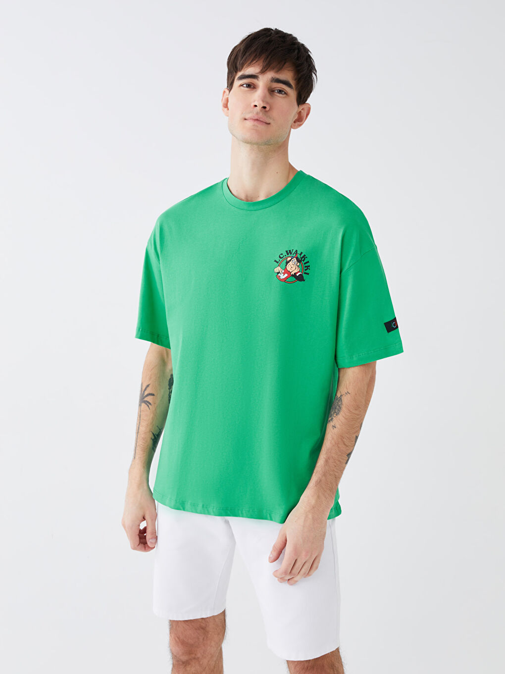 Yeşil Bisiklet Yaka Kısa Kollu Nostaljik Maymun Baskılı Penye Erkek Tişört-1