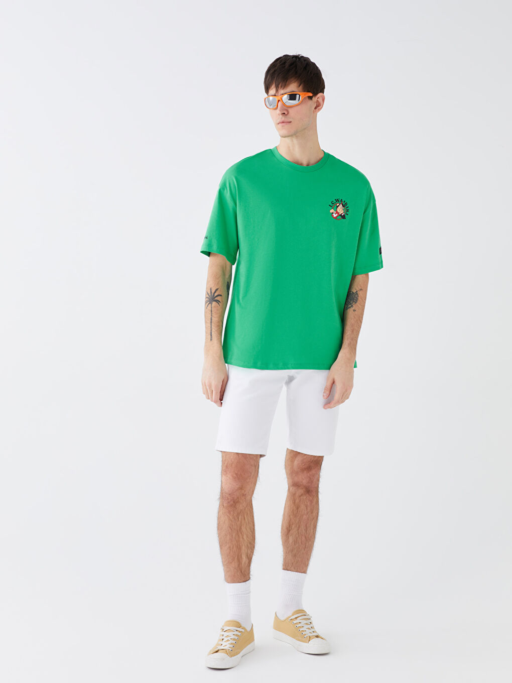 Yeşil Bisiklet Yaka Kısa Kollu Nostaljik Maymun Baskılı Penye Erkek Tişört-2