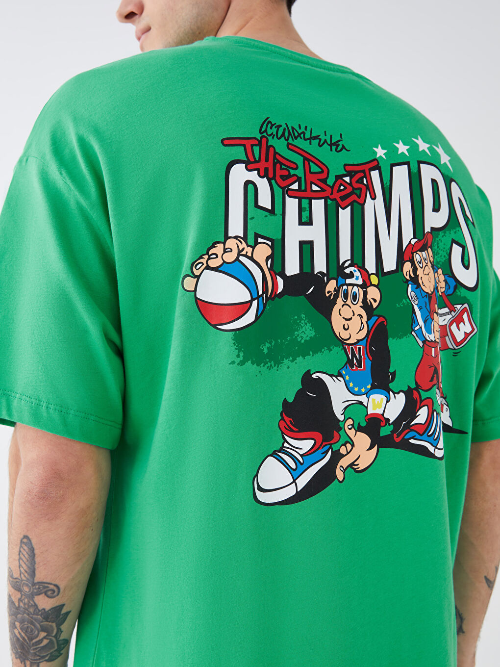 Yeşil Bisiklet Yaka Kısa Kollu Nostaljik Maymun Baskılı Penye Erkek Tişört-4