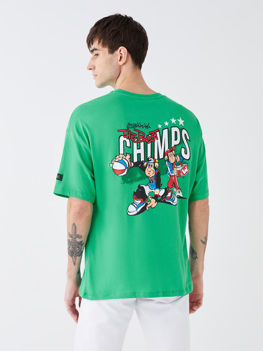 Yeşil Bisiklet Yaka Kısa Kollu Nostaljik Maymun Baskılı Penye Erkek Tişört-6