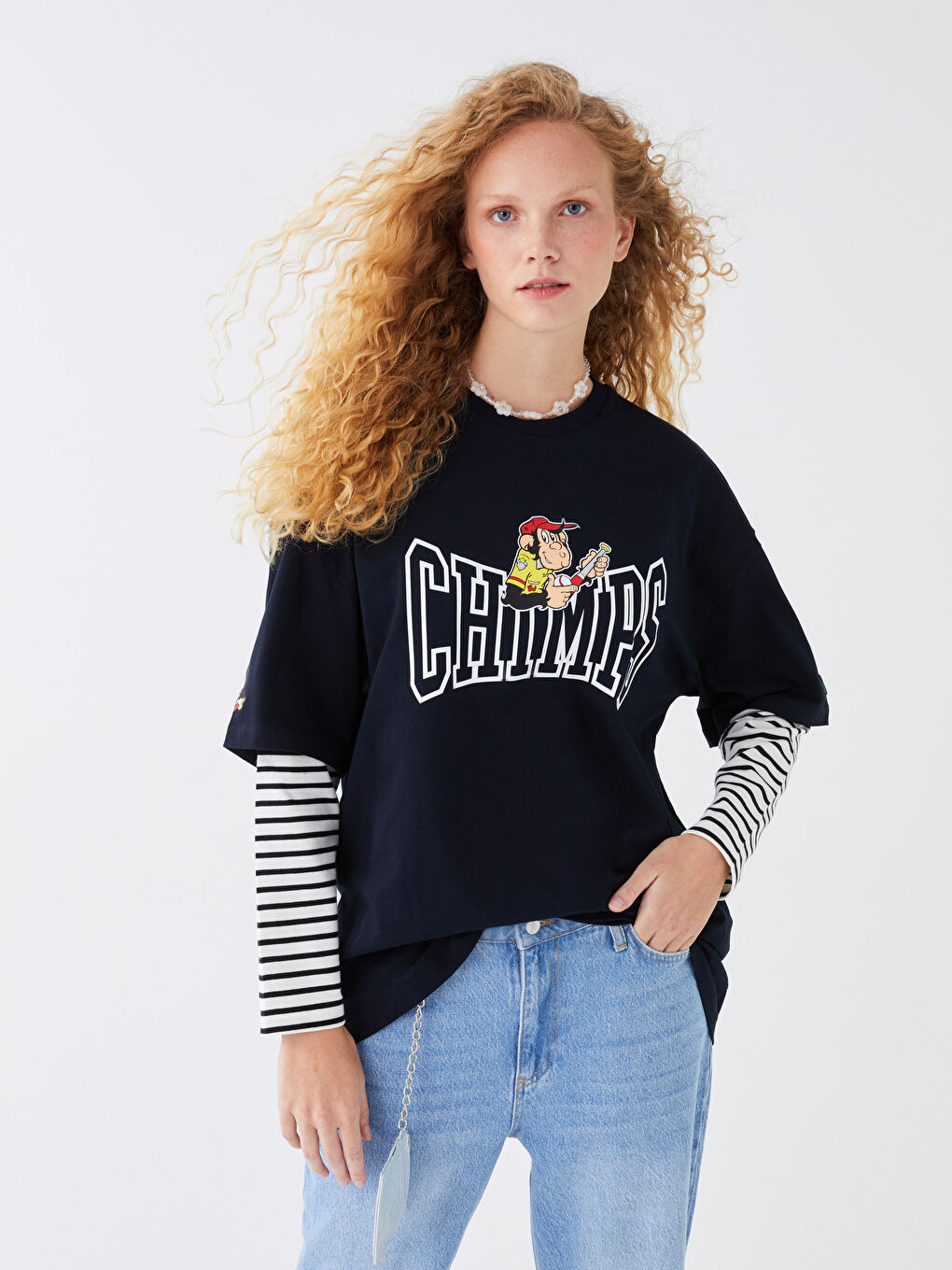 Lacivert Bisiklet Yaka Kısa Kollu Baskılı Penye Erkek Tişört-1