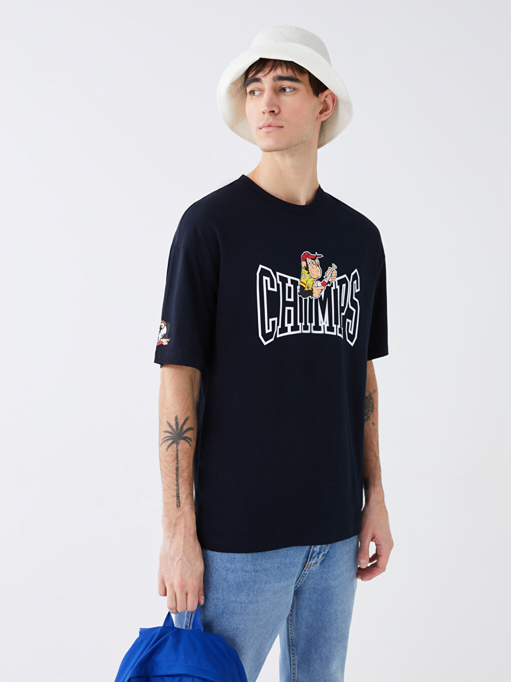 Lacivert Bisiklet Yaka Kısa Kollu Baskılı Penye Erkek Tişört-2