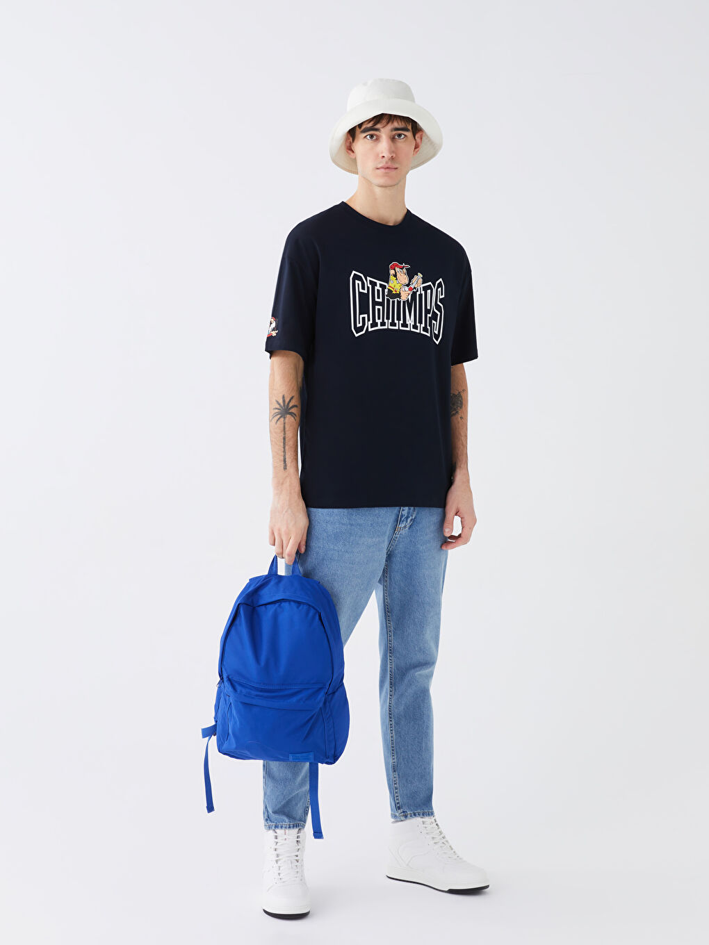 Lacivert Bisiklet Yaka Kısa Kollu Baskılı Penye Erkek Tişört-5