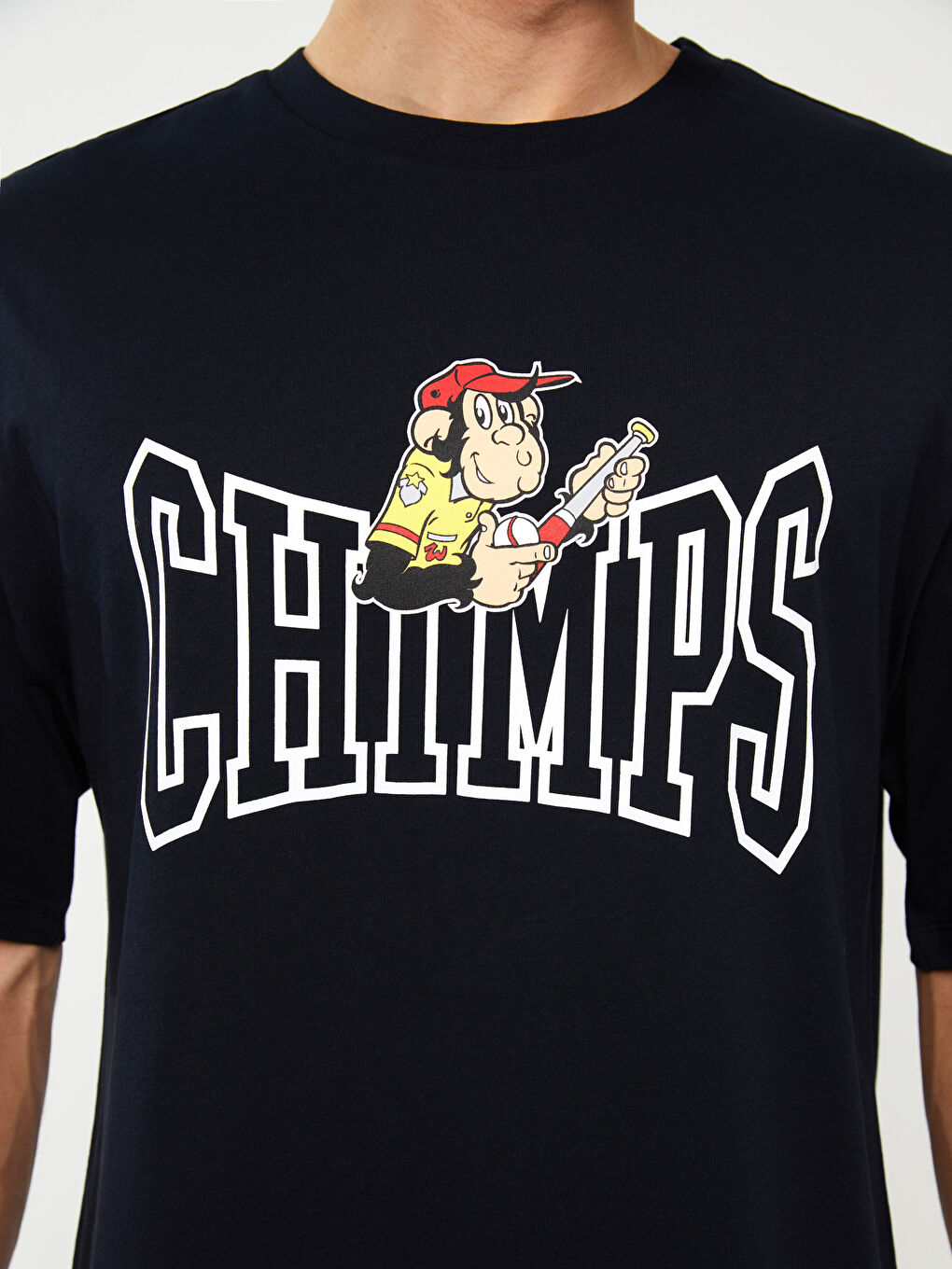 Lacivert Bisiklet Yaka Kısa Kollu Baskılı Penye Erkek Tişört-4