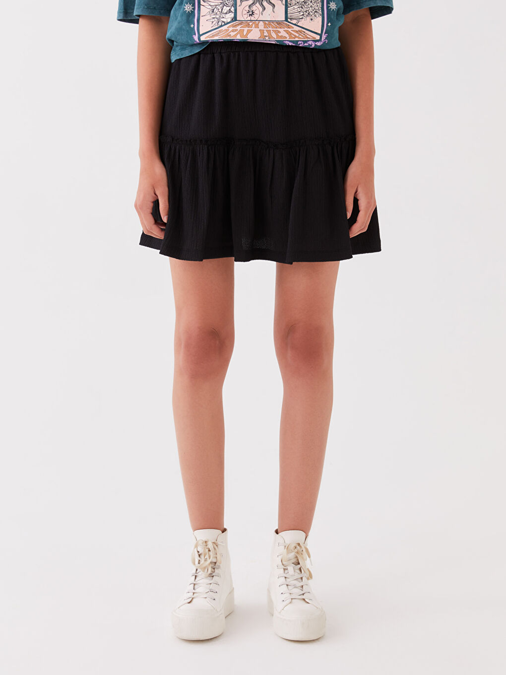 Siyah Kadın Beli Lastikli Düz Şortlu Etek-3