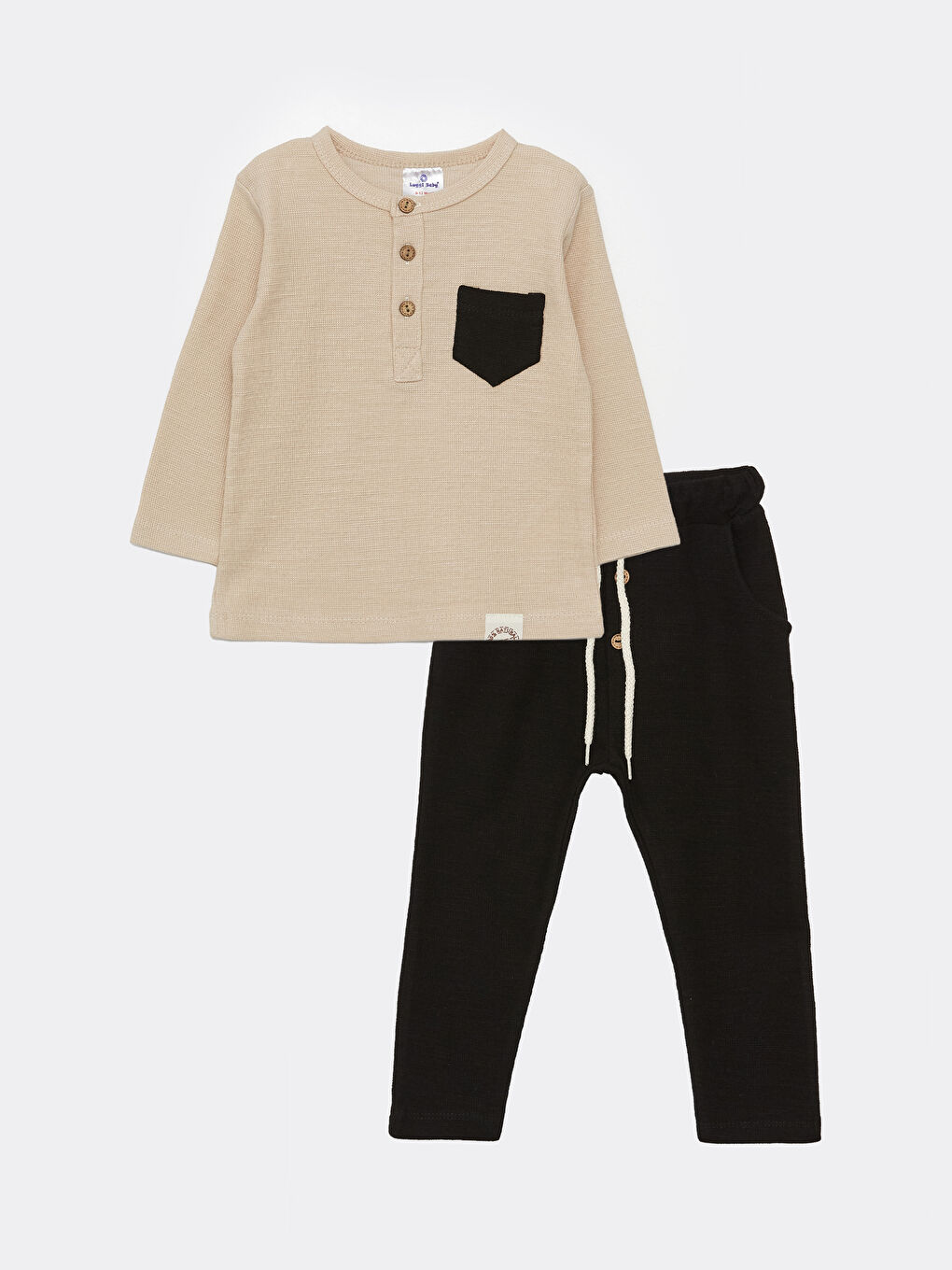 Siyah Bisiklet Yaka Uzun Kollu Erkek Bebek Tişört ve Pantolon 2'li Takım