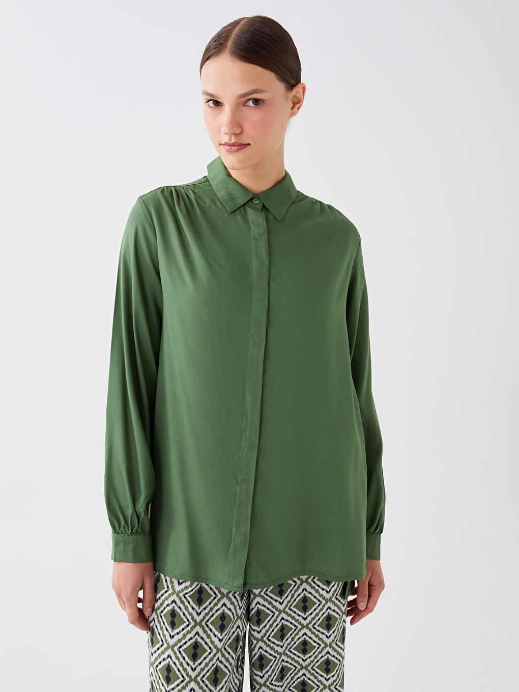 قميص تونيك للسيدات كم طويل سادة-1