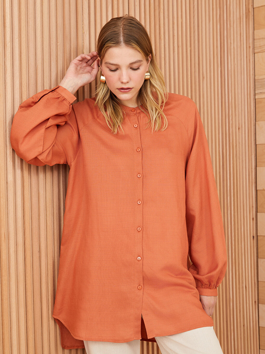 تونيك كم طويل بياقة مندرين خليط كتان للسيدات