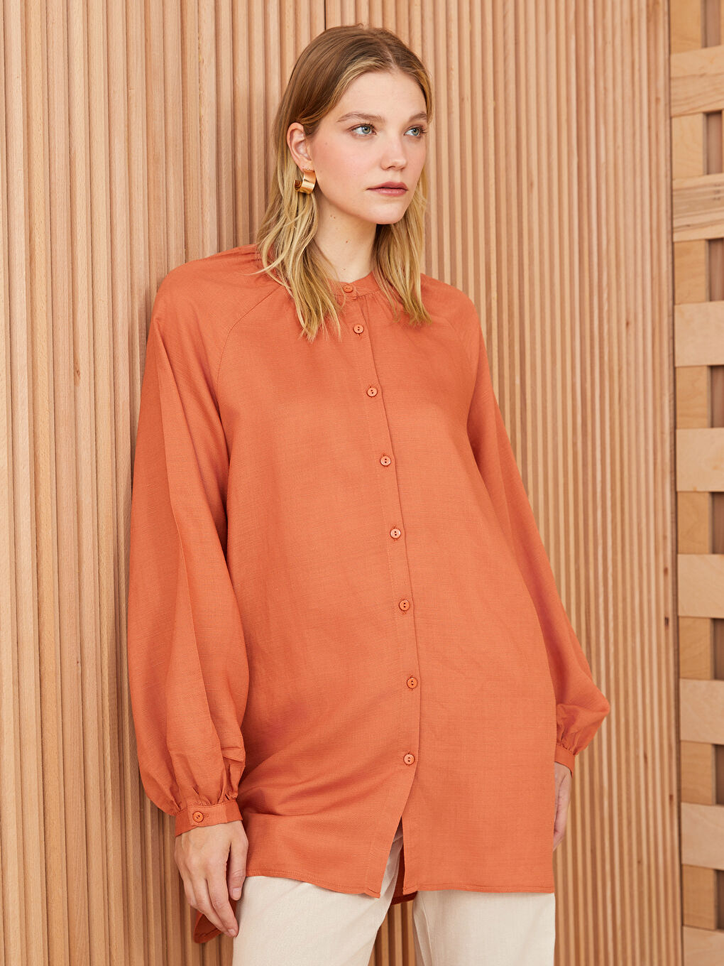 تونيك كم طويل بياقة مندرين خليط كتان للسيدات-1