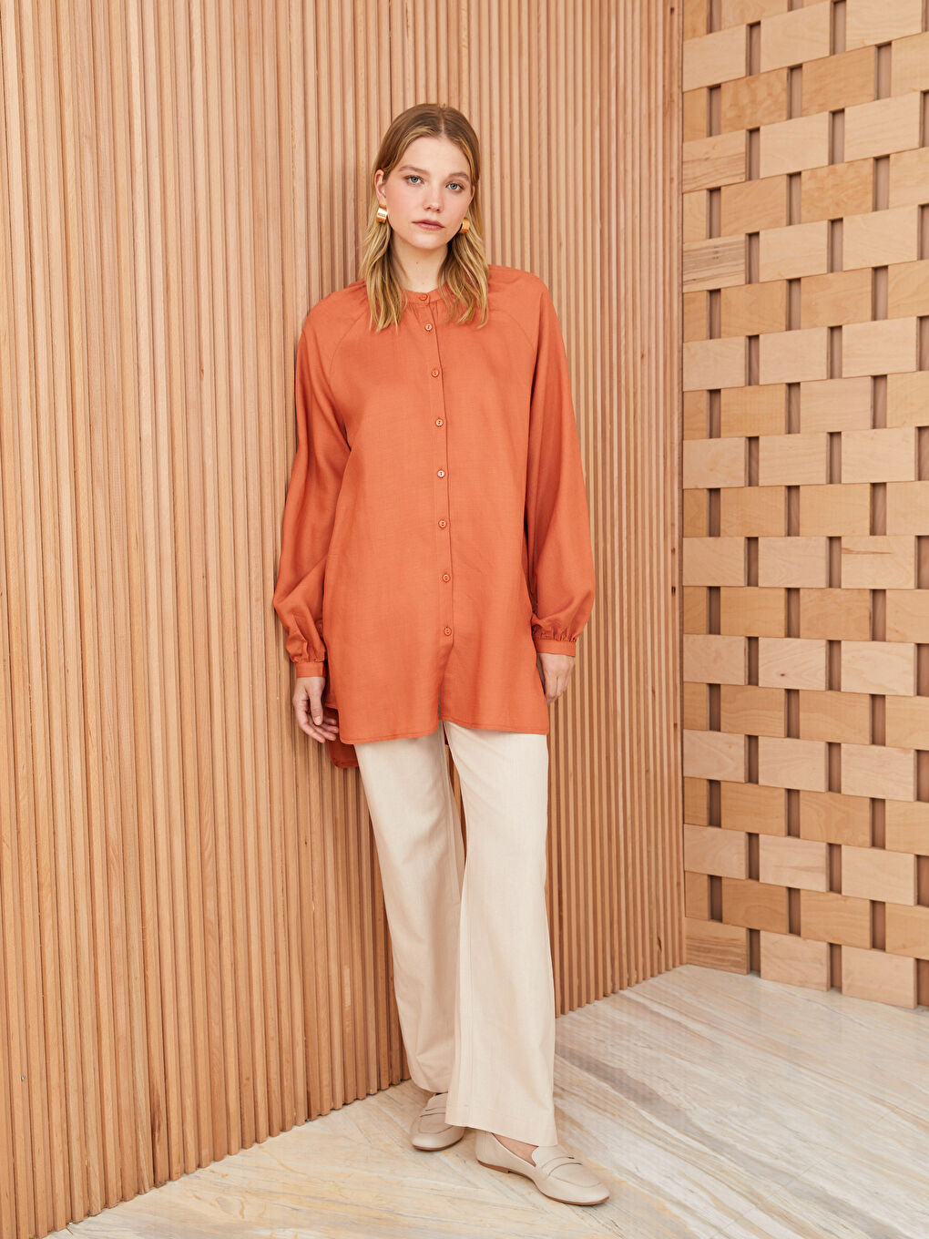 تونيك كم طويل بياقة مندرين خليط كتان للسيدات-2