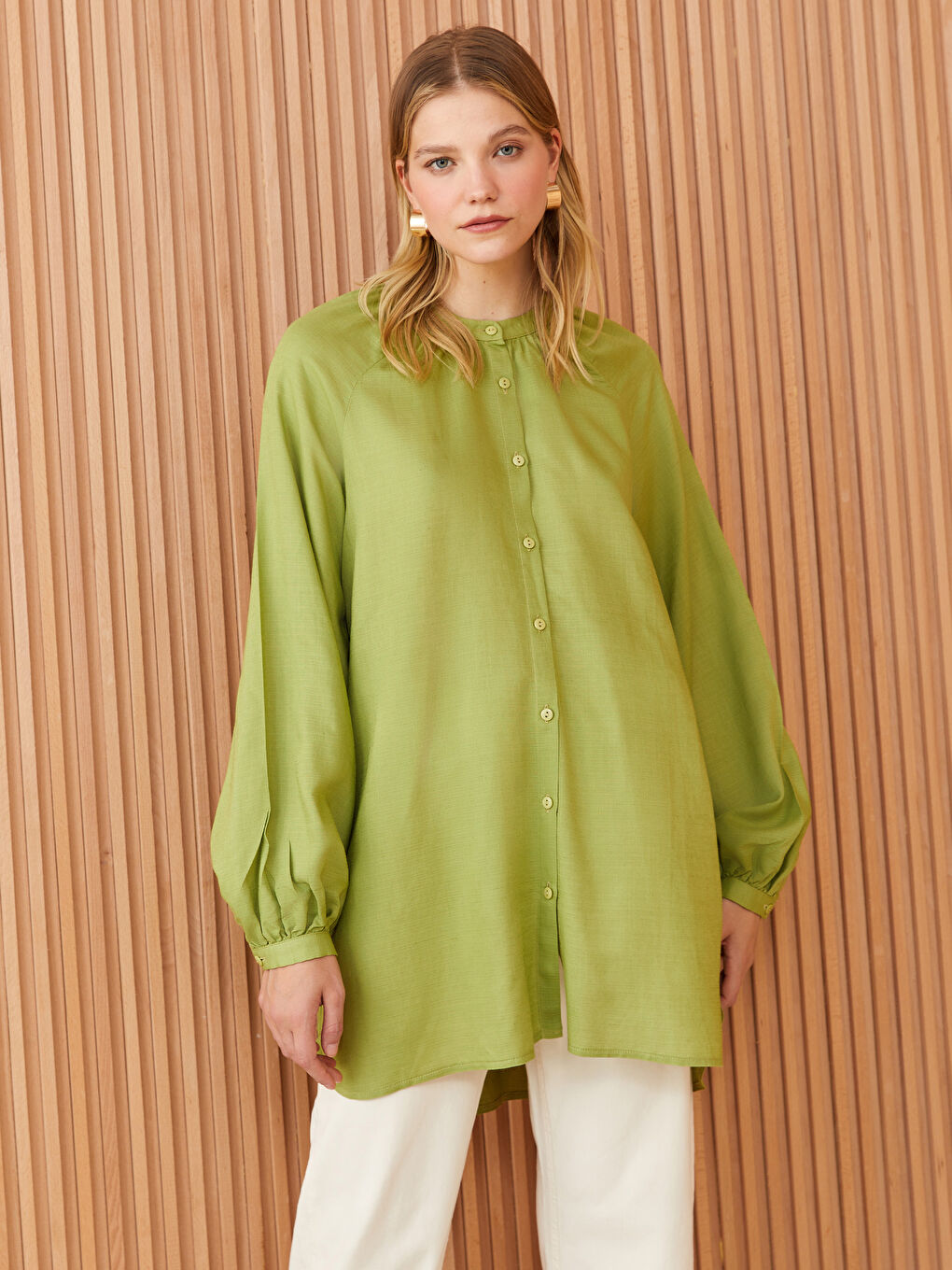 Grandad Collar Long Sleeve Linen Blend Women's Tunic