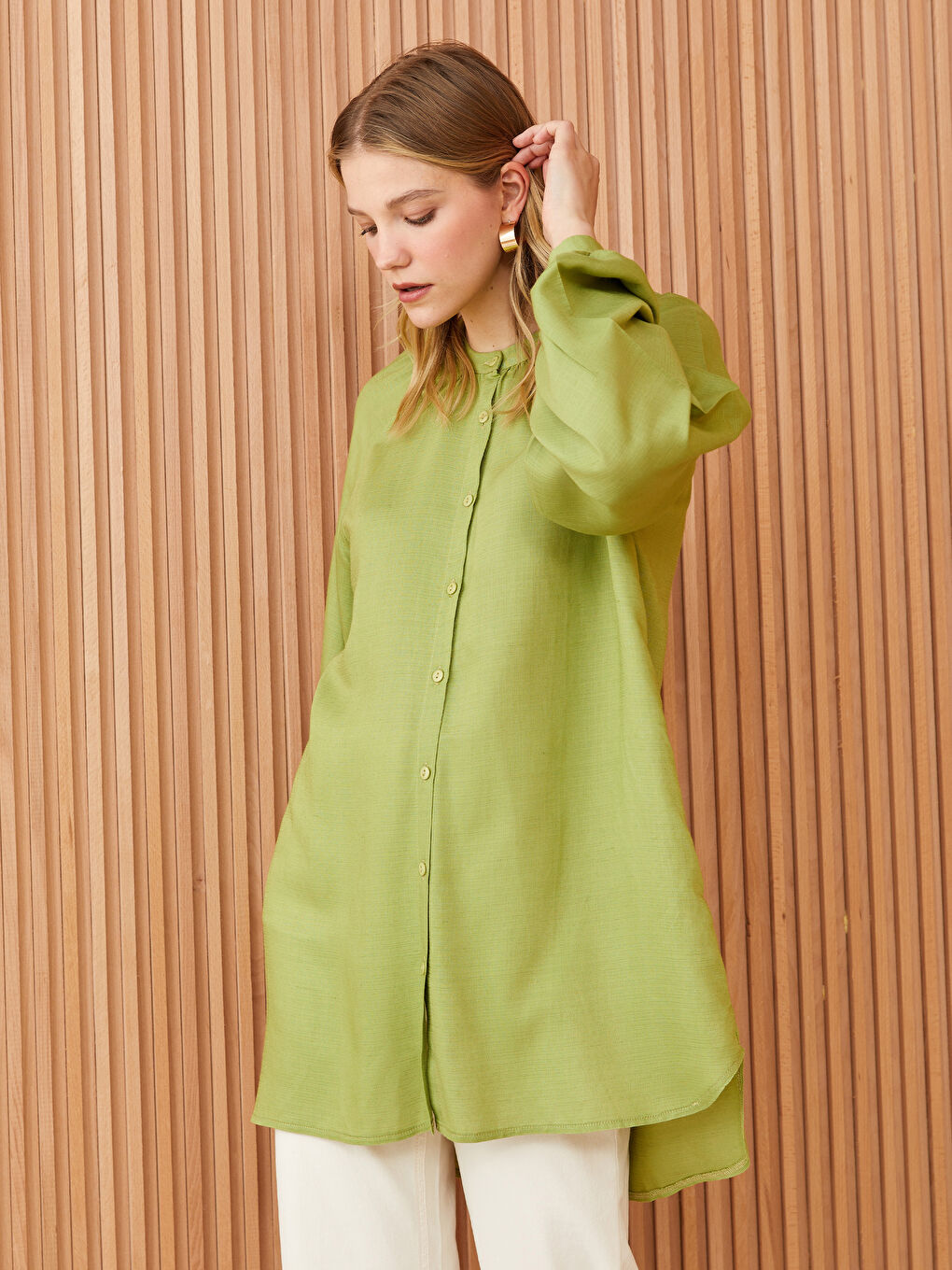 Grandad Collar Long Sleeve Linen Blend Women's Tunic-1