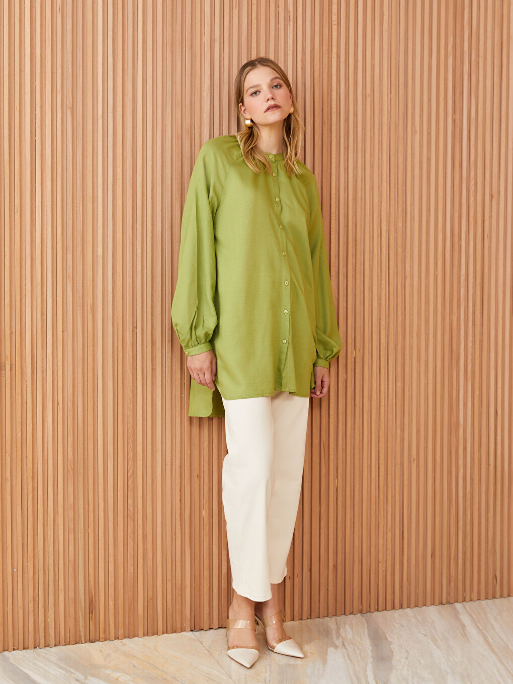 Grandad Collar Long Sleeve Linen Blend Women's Tunic-2