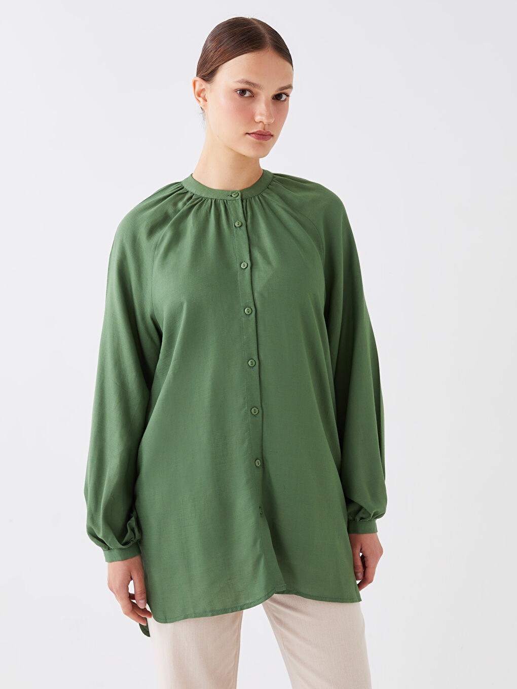 Grandad Collar Long Sleeve Linen Blend Women's Tunic