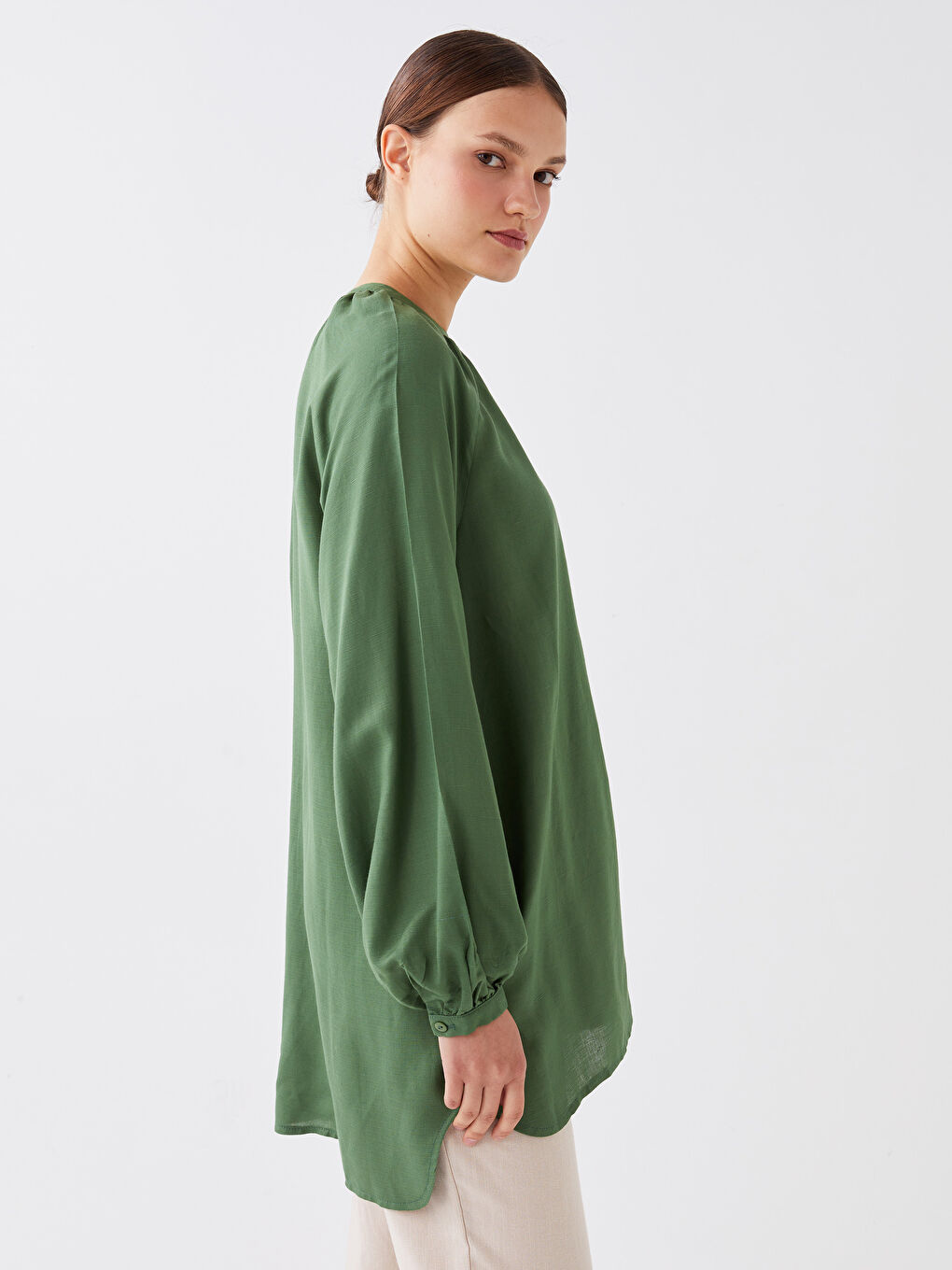 Grandad Collar Long Sleeve Linen Blend Women's Tunic-1