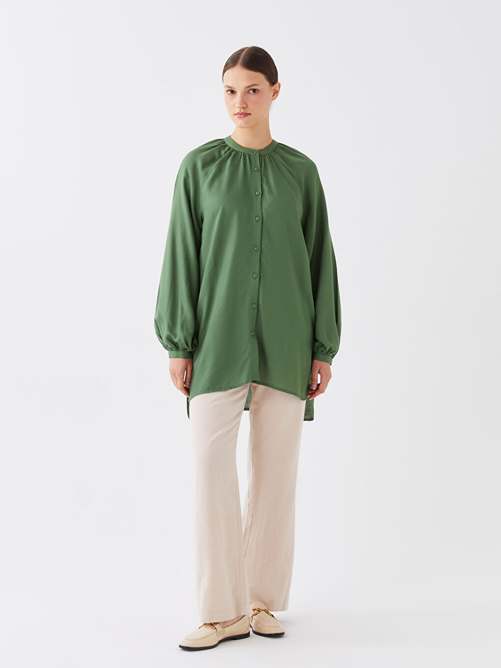 Grandad Collar Long Sleeve Linen Blend Women's Tunic-2