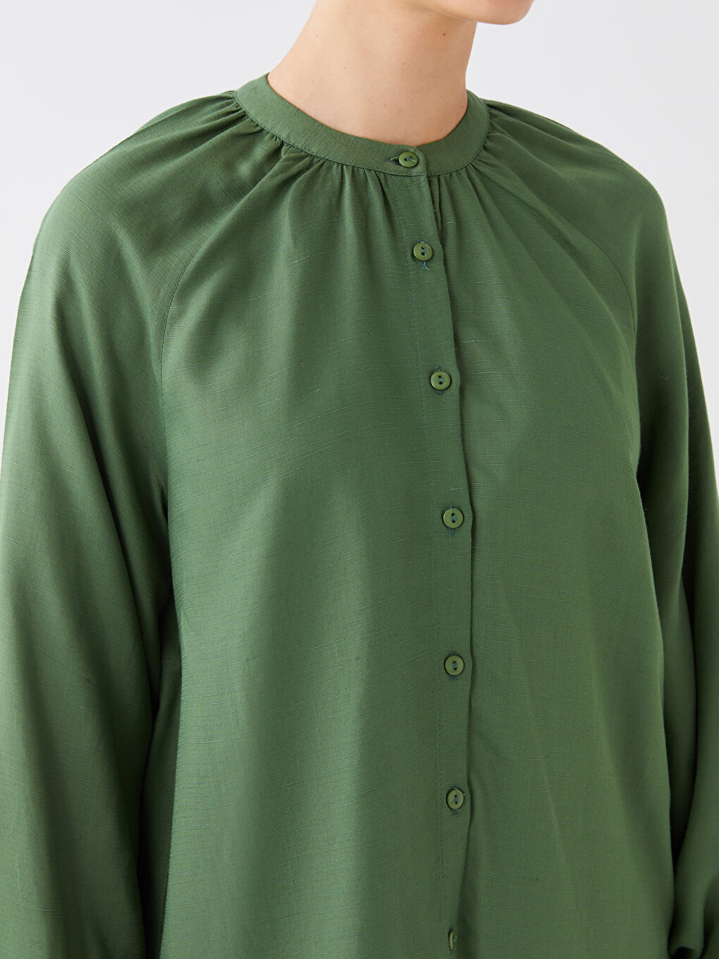 Grandad Collar Long Sleeve Linen Blend Women's Tunic-3