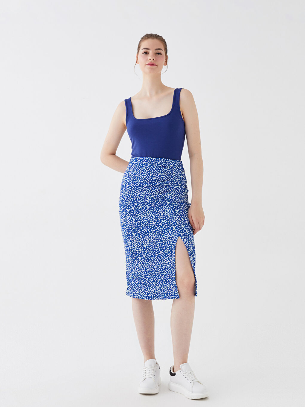Lacivert Dar Fit Desenli Kadın Kalem Etek
