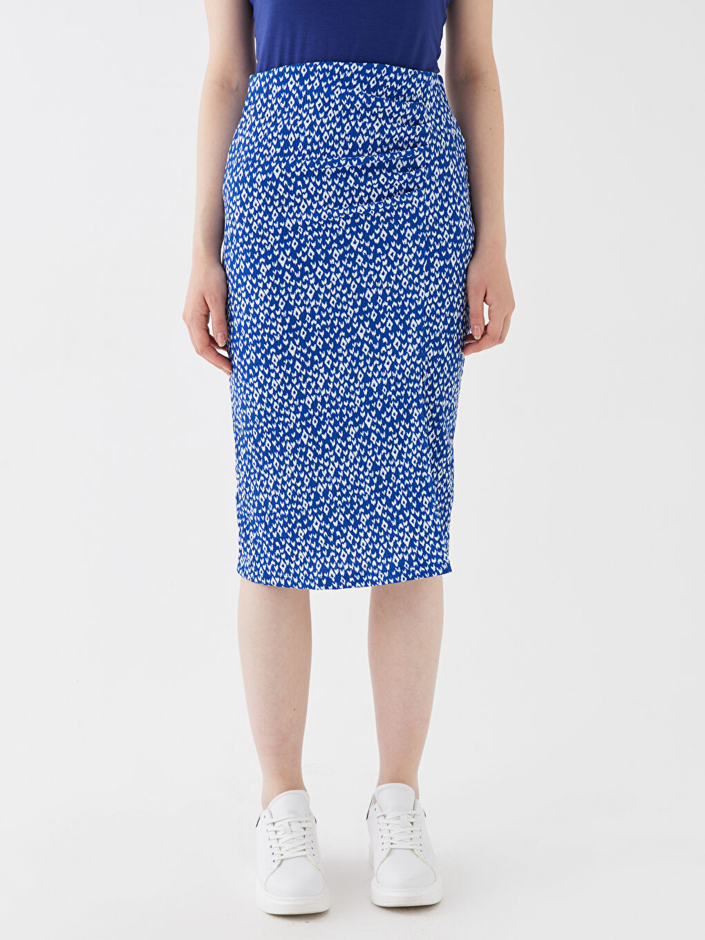 Lacivert Dar Fit Desenli Kadın Kalem Etek-1