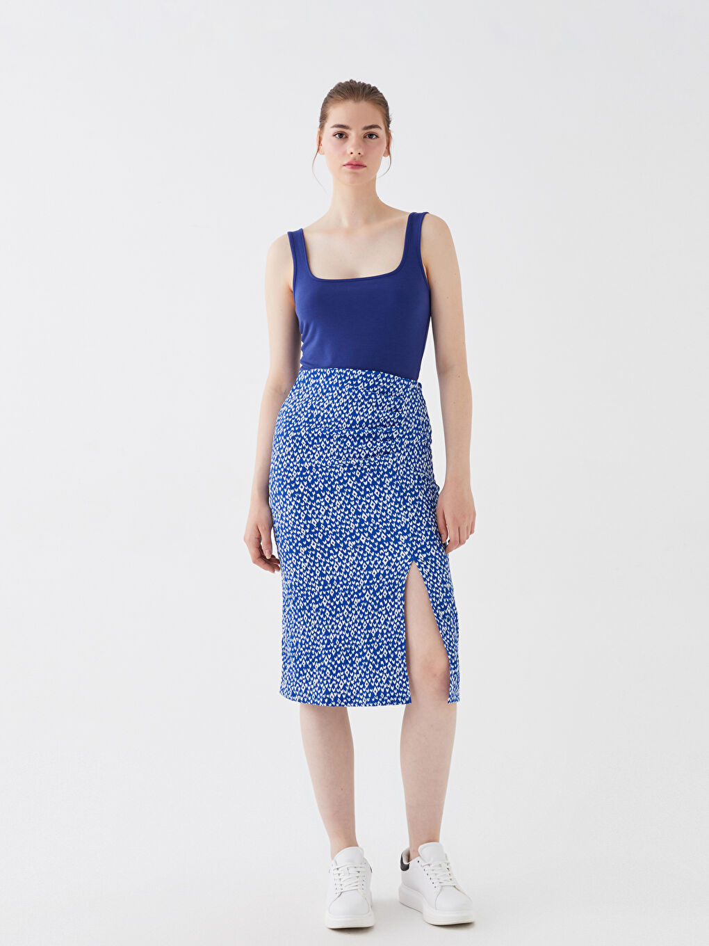 Lacivert Dar Fit Desenli Kadın Kalem Etek-2