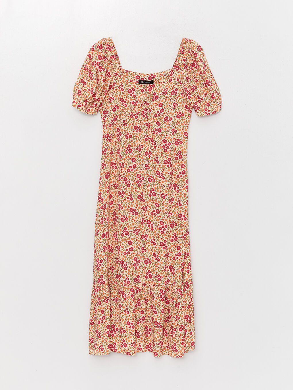 Mercan Kalp Yaka Çiçekli Kısa Kollu Kadın Elbise-5