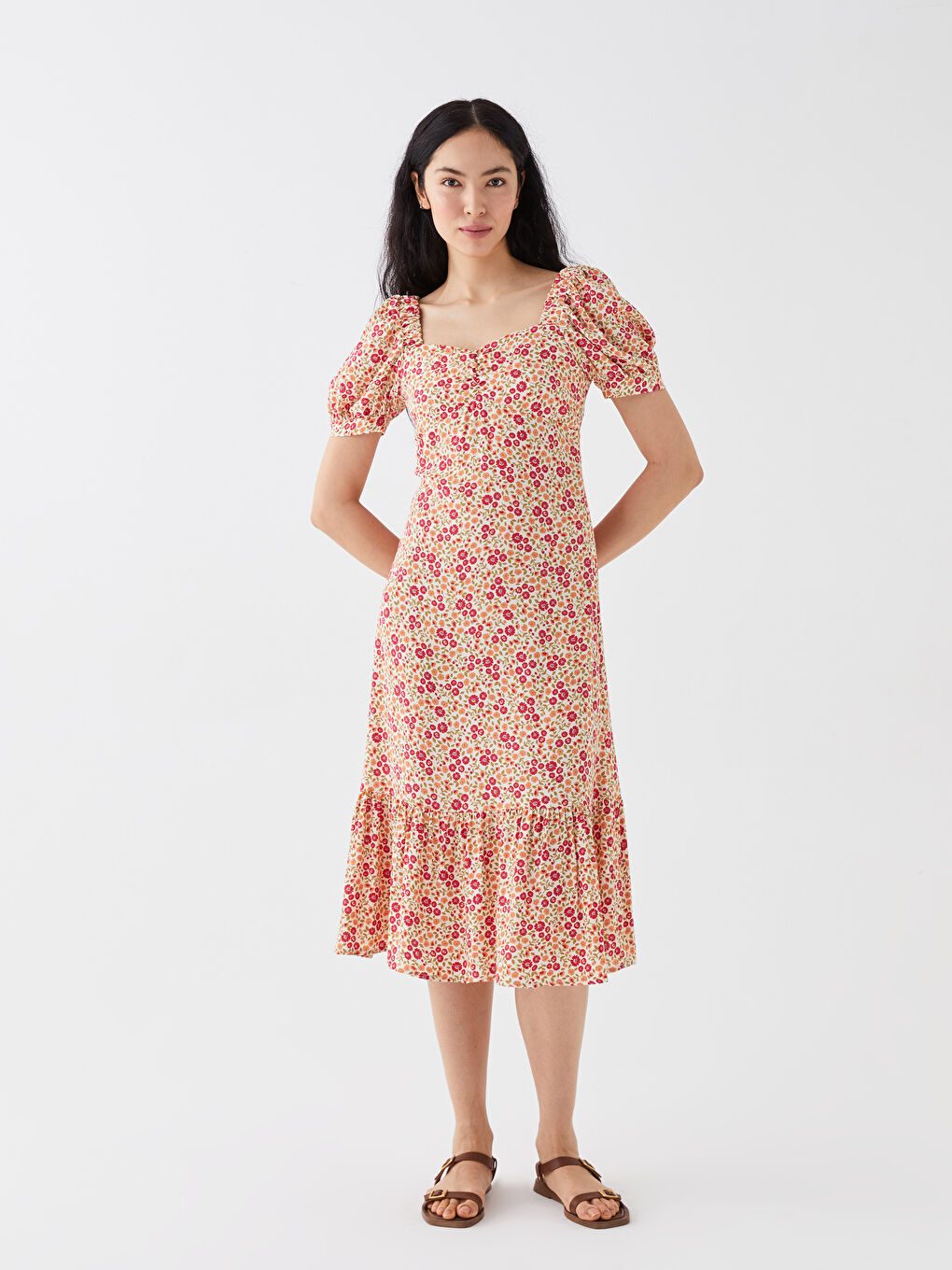 Mercan Kalp Yaka Çiçekli Kısa Kollu Kadın Elbise-1