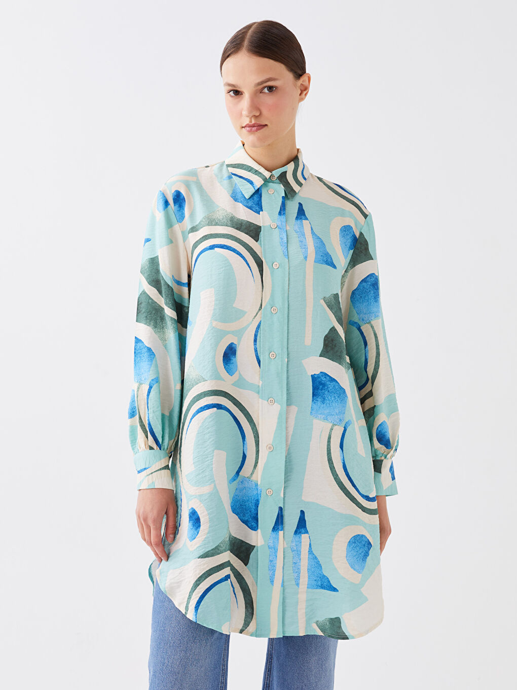 Yeşil Desenli Kadın Gömlek Tunik