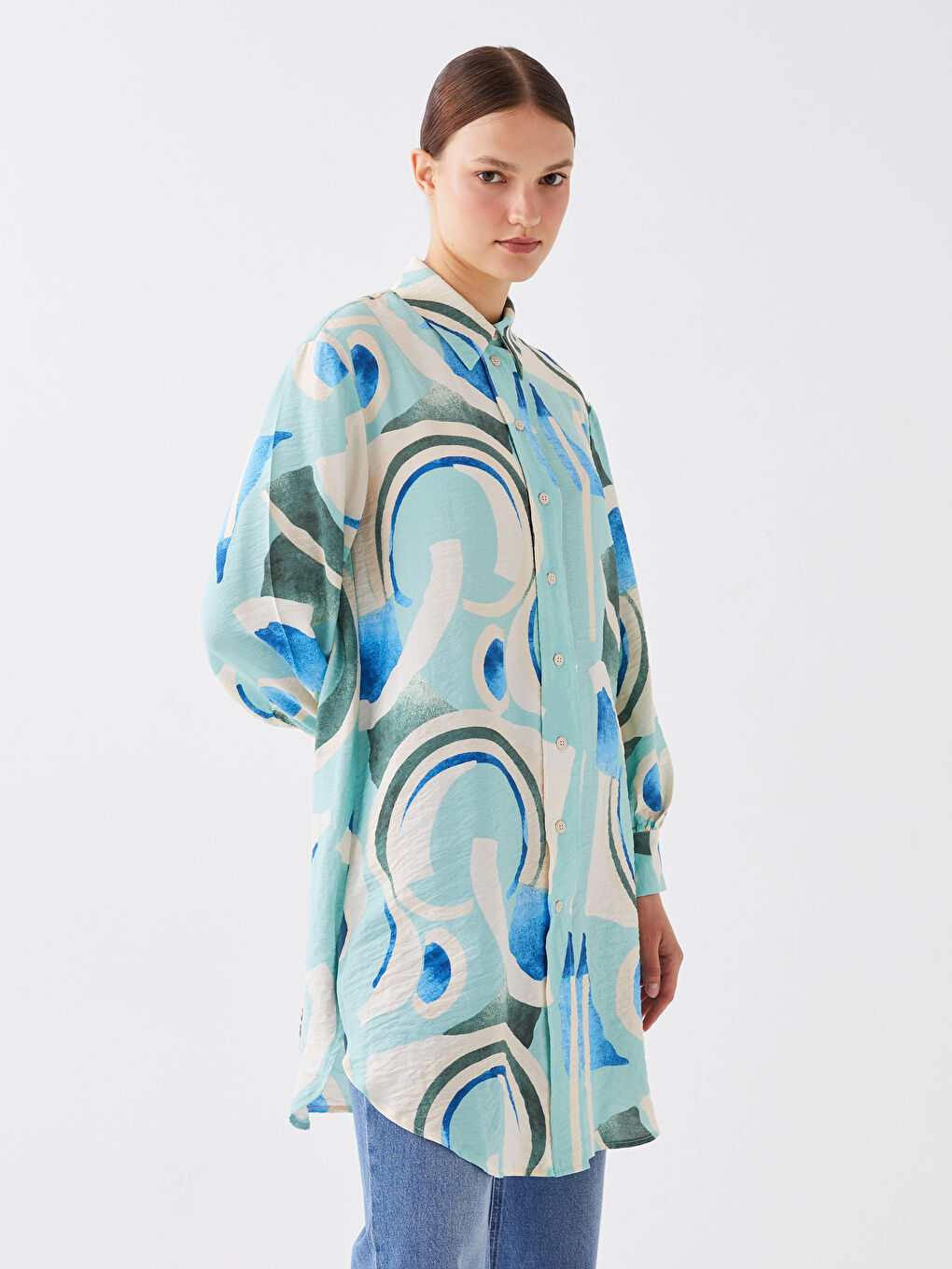 Yeşil Desenli Kadın Gömlek Tunik-1