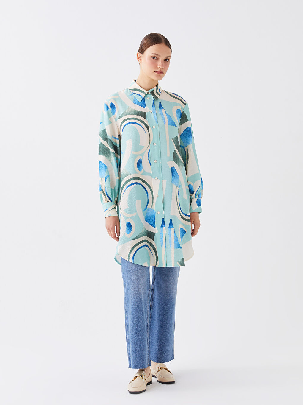 Yeşil Desenli Kadın Gömlek Tunik-2