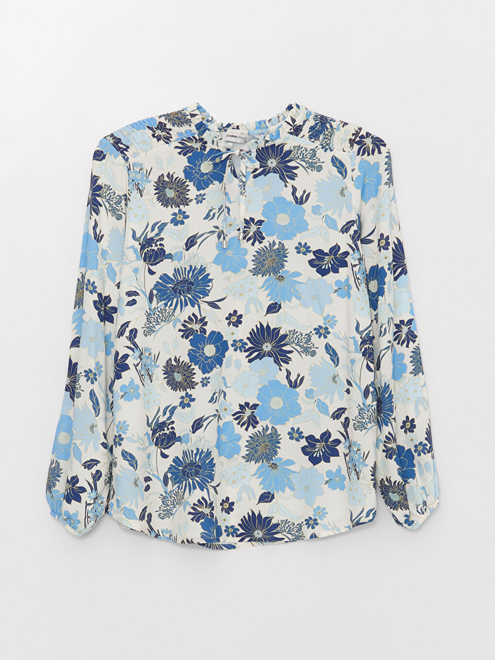 Ekru Bağlamalı Yaka Çiçekli Uzun Kollu Kadın Bluz-5