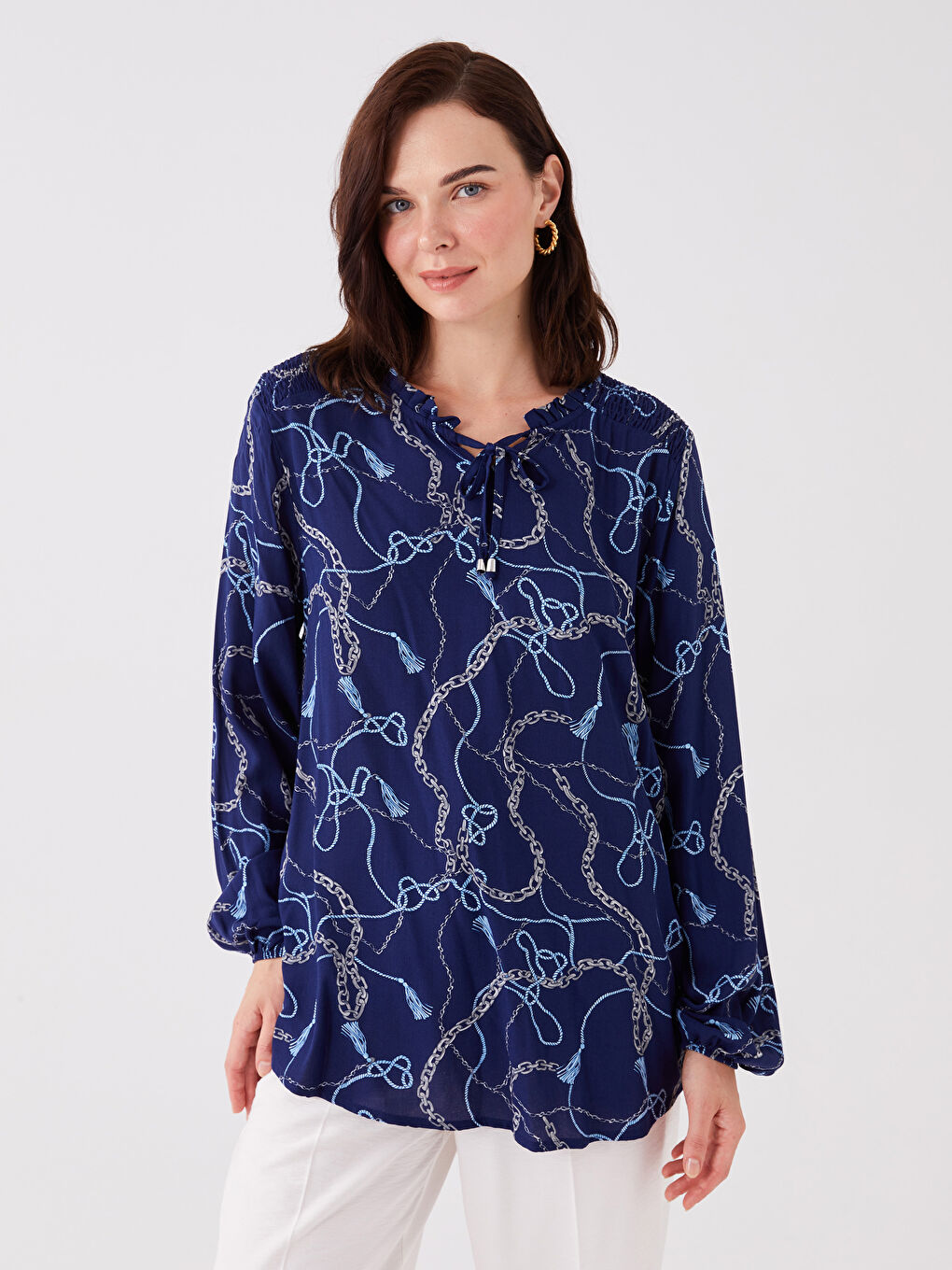 Tie Neck Patterned Long Sleeve Women's Blouse