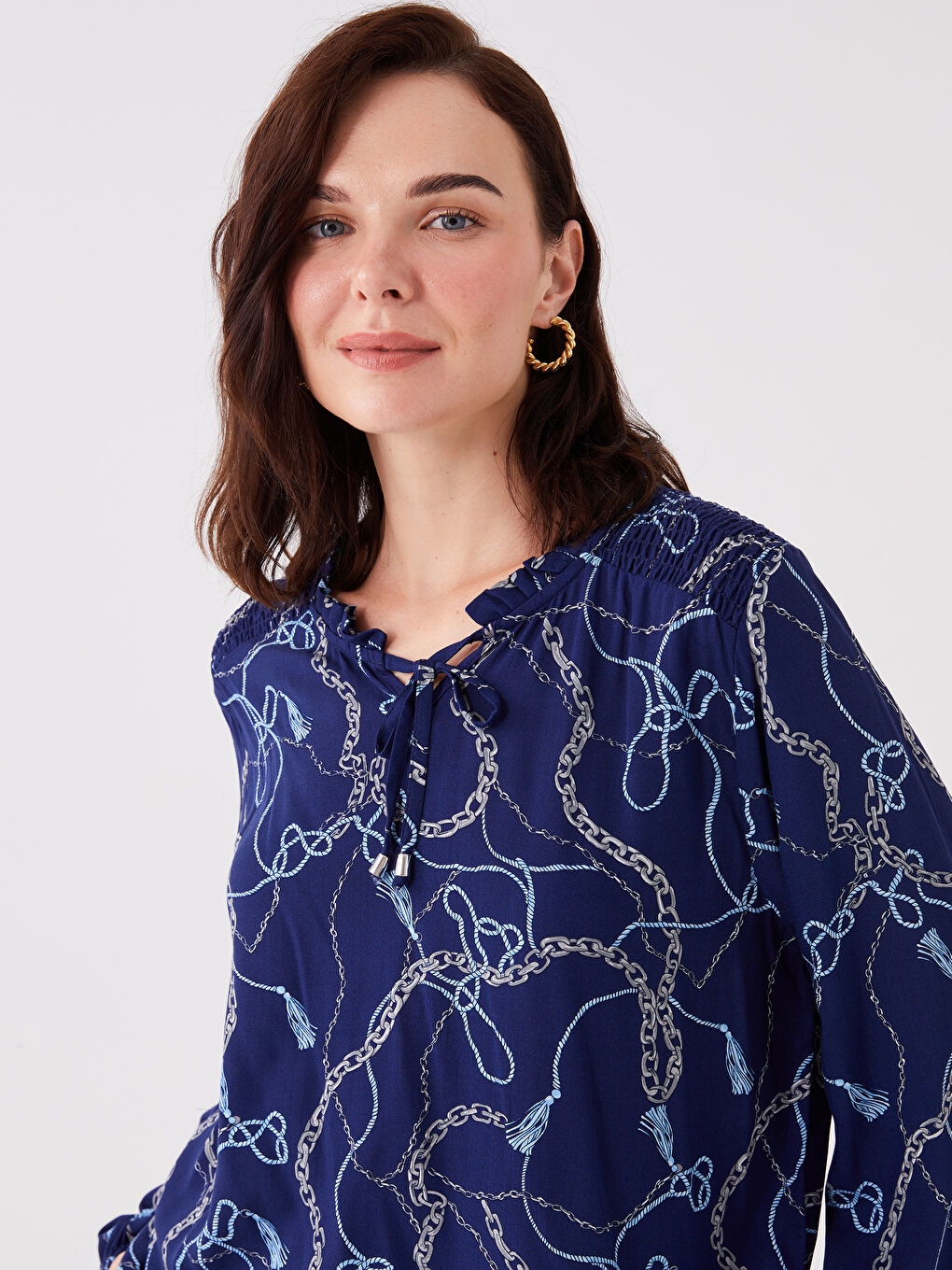 Tie Neck Patterned Long Sleeve Women's Blouse-1