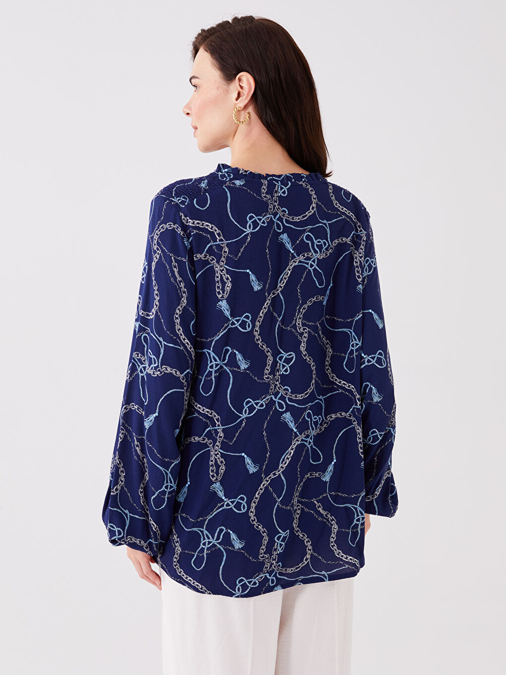 Tie Neck Patterned Long Sleeve Women's Blouse-4