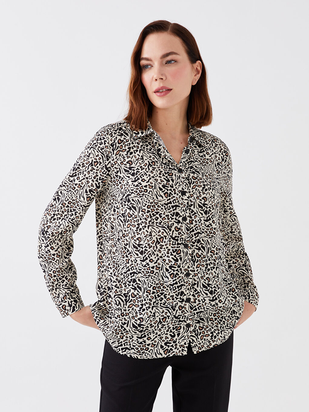 Ekru Desenli Uzun Kollu Poplin Kadın Gömlek