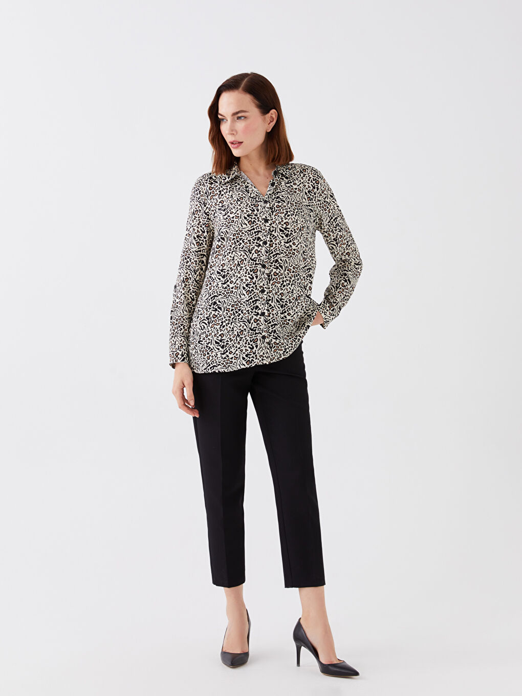 Ekru Desenli Uzun Kollu Poplin Kadın Gömlek-1