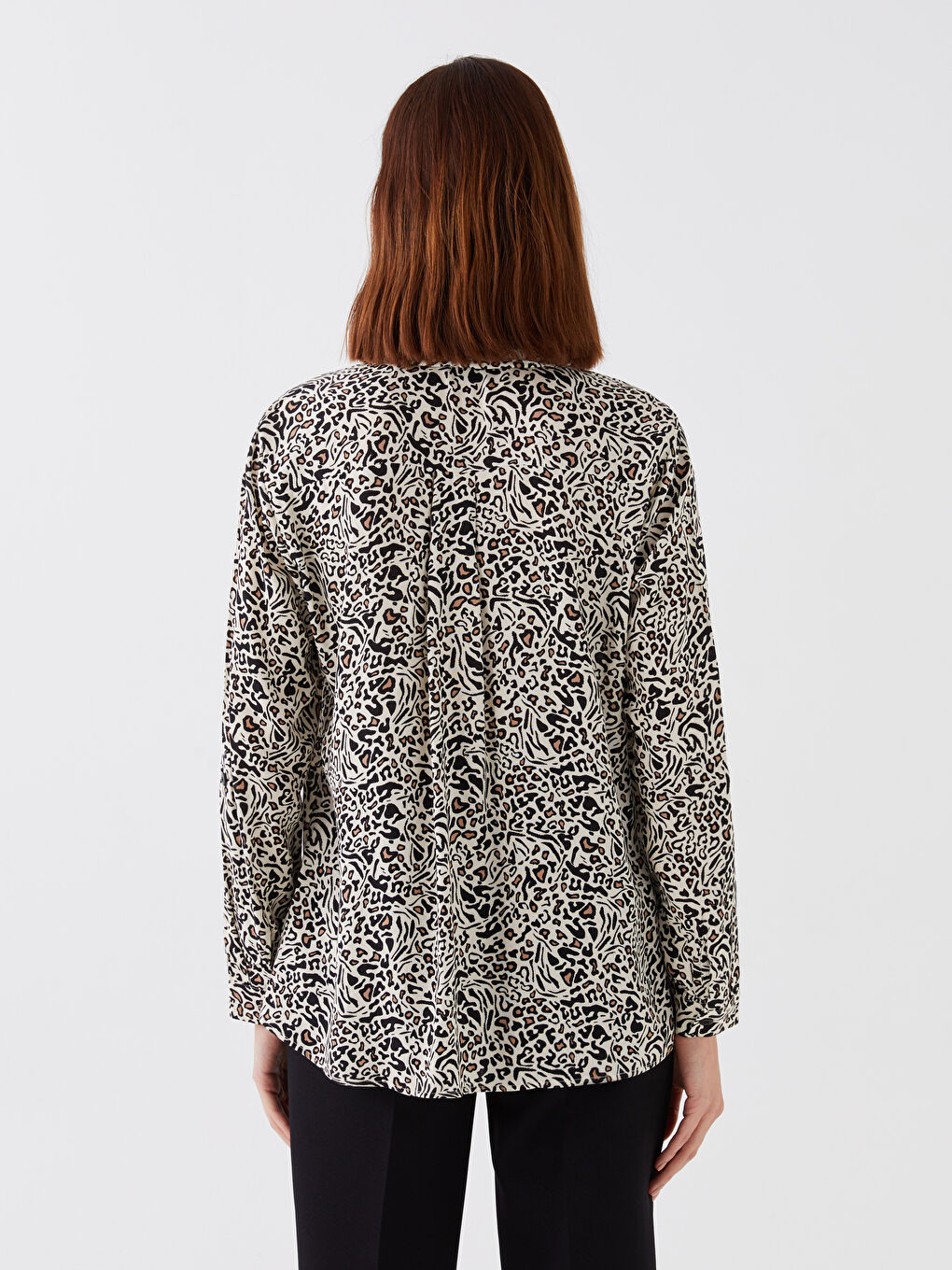 Ekru Desenli Uzun Kollu Poplin Kadın Gömlek-3