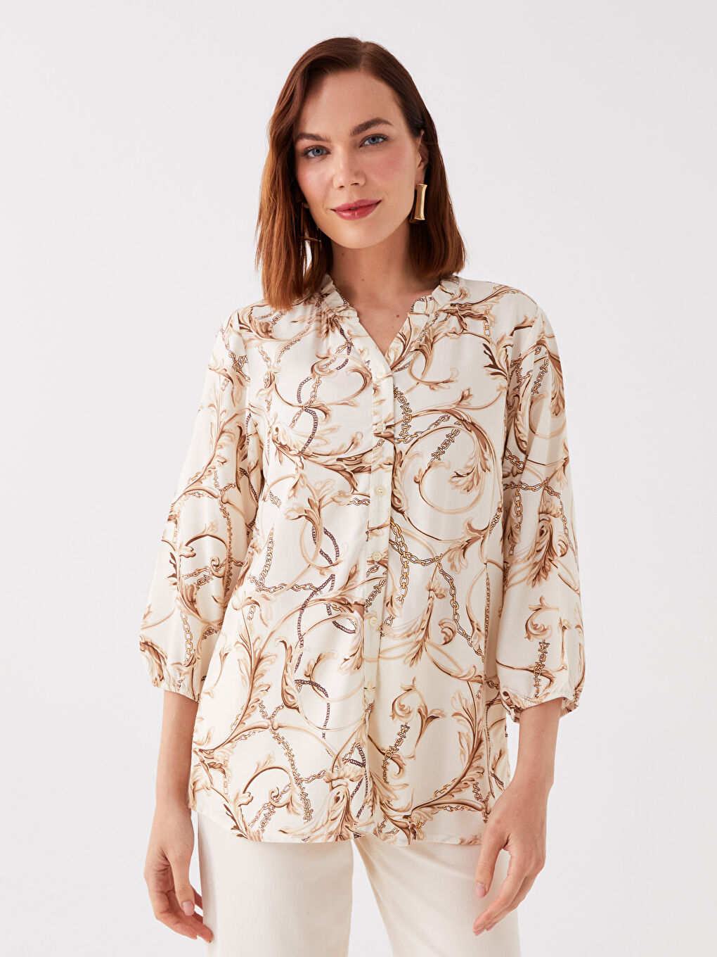 Bluse für Damen mit Henley-Ausschnitt und Muster aus Popeline-1