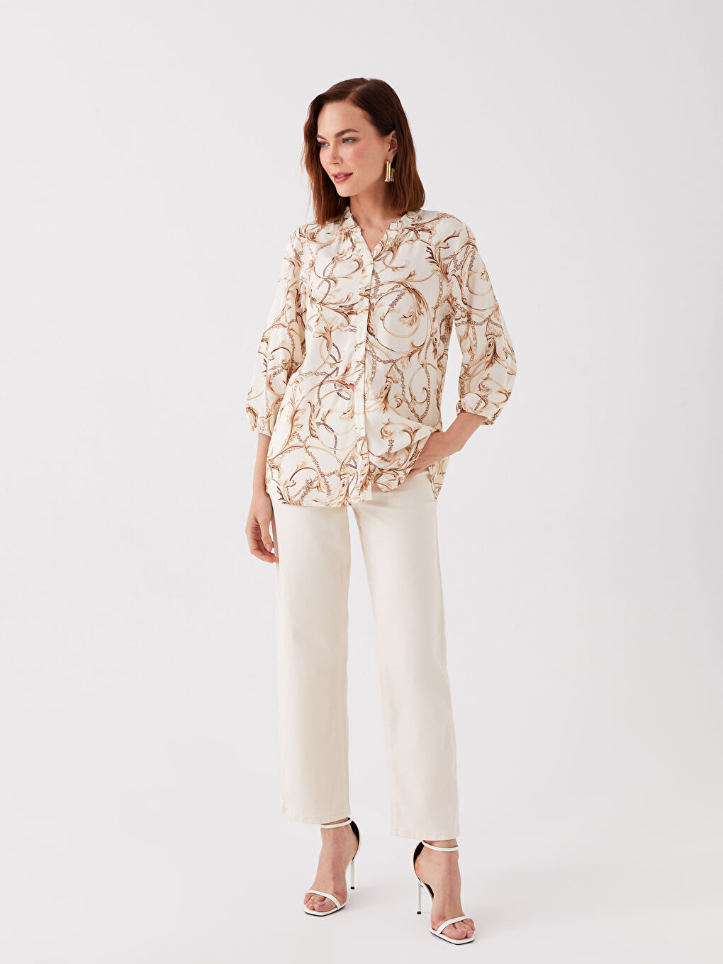 Bluse für Damen mit Henley-Ausschnitt und Muster aus Popeline-2