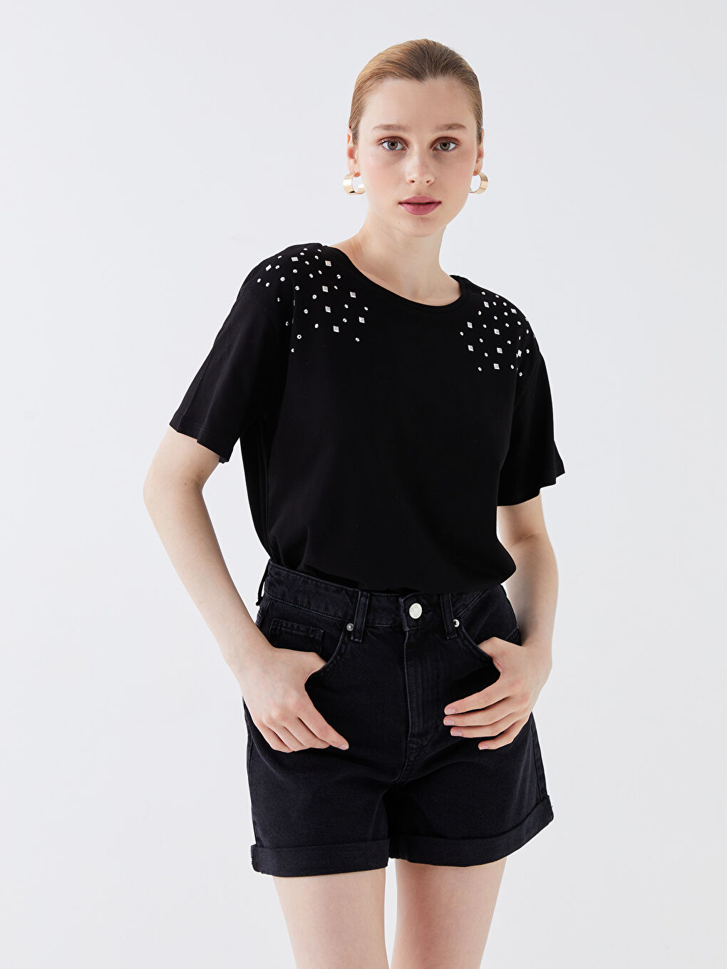 Crew Neck Rhinestone Embellished Short Sleeve Women's T-Shirt