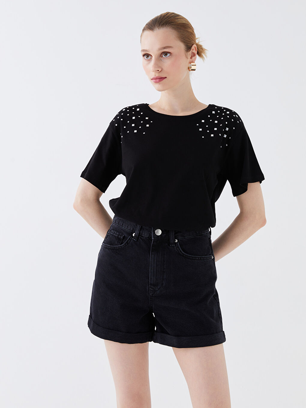 Crew Neck Rhinestone Embellished Short Sleeve Women's T-Shirt-1